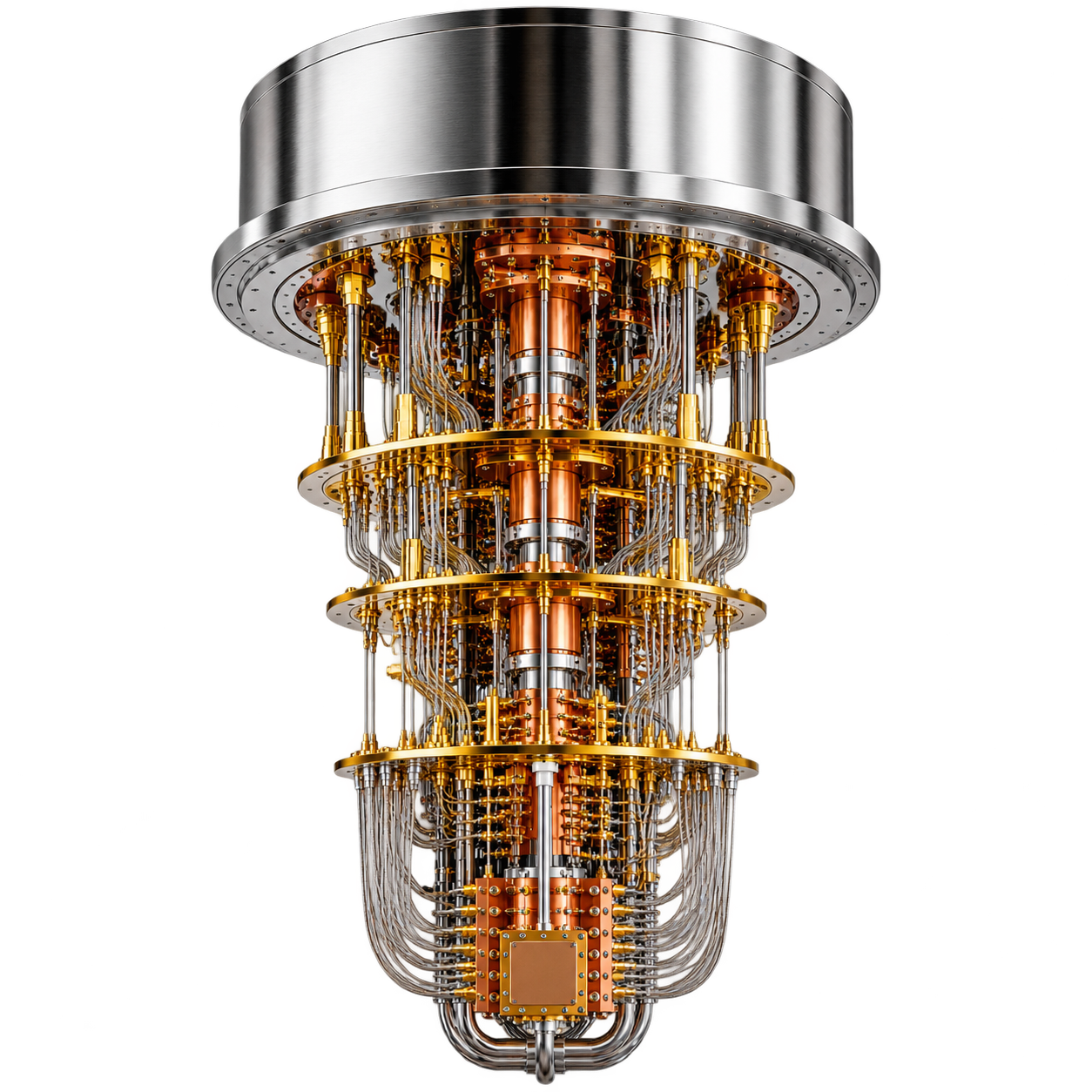 Dilution refrigerator of a quantum computer — gold and silver plates, coaxial cables, and a copper core cascading against black.